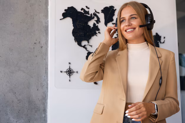 Professional interpreter consulting with client using headset in Clearwater Florida office